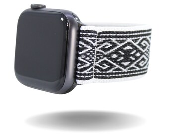 Elastic Watch Band for Apple Watch - All Series (Models 1 - 8, SE, Ultra) - White Black Tribal Boho Nature Vibe