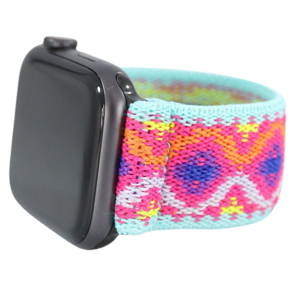 Elastic Watch Band for Apple Watch - All Series (Models 1 - 8, SE, Ultra)  - Teal Pink Tribal Nature Boho Chic