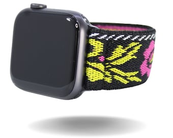 Elastisches Uhrenarmband für Apple Watch - Alle Serien (Modelle 1 - 8, SE, Ultra) - Pink Gelb Schwarz Blume Floral Natur Boho Chic