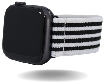 Elastic Watch Band for Apple Watch - All Series (Models 1 - 8, SE, Ultra) White Black Stripes