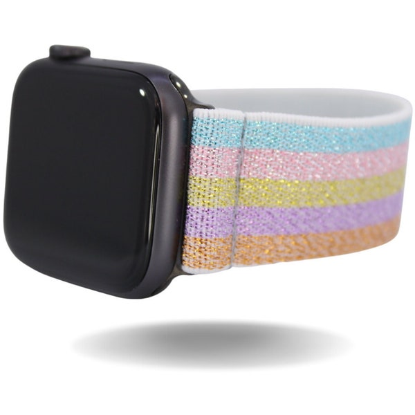 Bracelet de montre élastique pour Apple Watch - Toutes les séries (modèles 1 à 8, SE, Ultra) | Paillettes arc-en-ciel légères | Sangle confortable extensible faite à la main