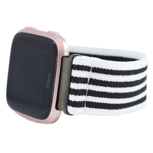 Elastic Fitbit Versa Watch Band - Fits Fitbit Versa 1, 2, Lite - Black White Stripes Scrunchy Minimalist Men Women Fashion Dressy Casual