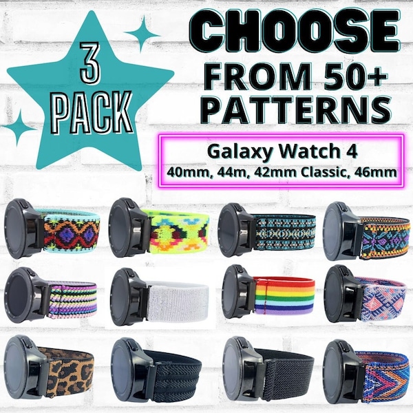 3er Pack - Elastische Uhrenarmbänder für Galaxy Watch 4 - Alle Modelle - Inklusive 20mm Adapter - Wählen Sie Ihre Muster - 50+ Farboptionen - Bundle