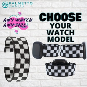 Elastic Watch Band - Any Watch Model, Any Size | Black White Checkers | Stretch Smartwatch Band Loop Strap | Holiday Gift | Men Women Kids