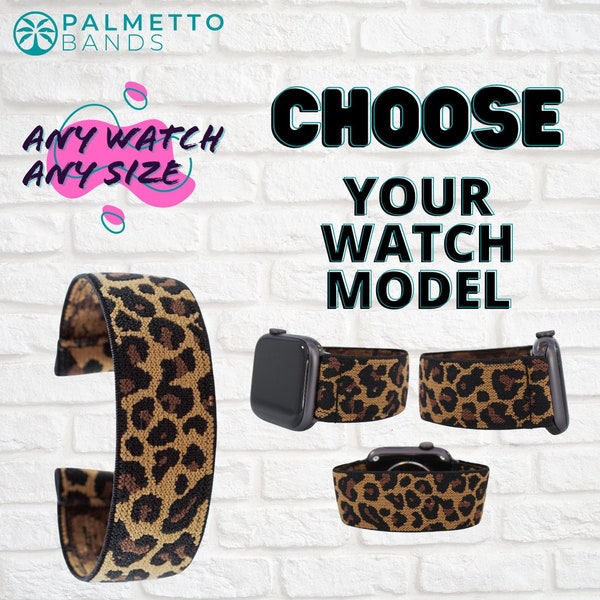 Elastic Watch Band - Any Watch Model, Any Size | Brown Leopard Print Cheetah Black | Men Women Kids | No Metal Clasp | Handmade in USA |