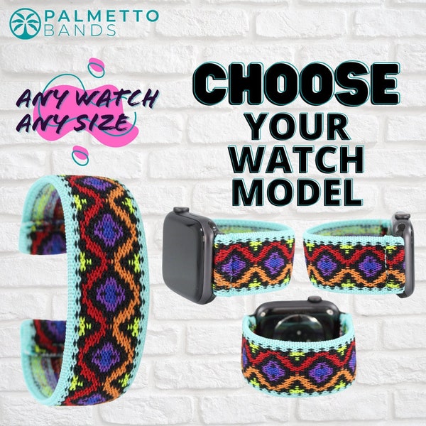 Elastic Watch Band - Any Watch Model, Any Size | Teal Tribal Aztec | Stretch Smartwatch Band Loop Strap Fit | Holiday Gift | Men Women Kids