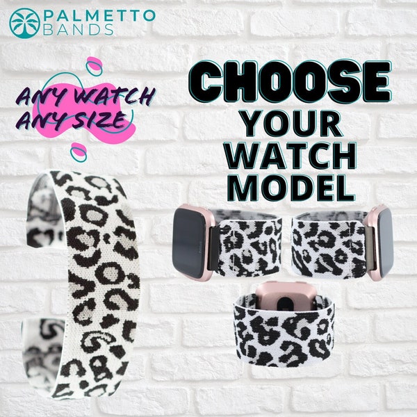 Elastic Watch Band - Any Watch Model, Any Size | White Leopard | Stretch Smartwatch Band Loop Strap | Holiday Gift | Men Women Kids