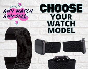 Elastic Watch Band - Any Watch Model, Any Size | Solid Black | Stretchy Custom Sized Smartwatch Band