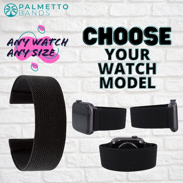 Elastic Watch Band - Any Watch Model, Any Size | Solid Black | Stretchy Custom Sized Smartwatch Band