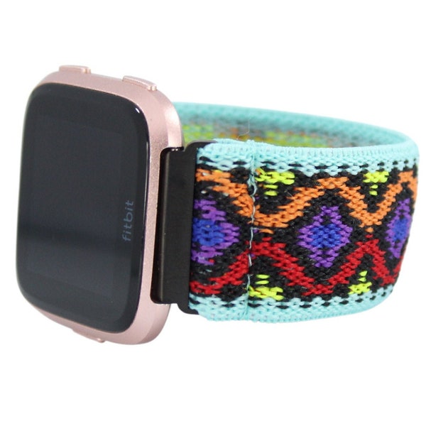 Elastic Fitbit Versa Watch Band - Fits Fitbit Versa 1 / 2 / Lite - Teal Tribal Purple Boho Chic Chevron