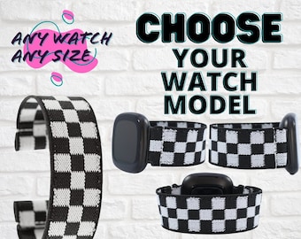 Elastic Watch Band - Any Watch Model, Any Size | Black White Checkers | Stretch Smartwatch Band Loop Strap | Holiday Gift | Men Women Kids