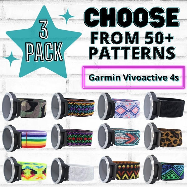 3 Pack - Elastic Watch Bands for Garmin Vivoactive 4s - with 18mm Specialty Adapters - Choose your patterns - 50+ Color Options - Bundle