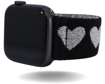 Elastic Watch Band for Apple Watch - All Series (Models 1 - 8, SE, Ultra) - Silver Glitter Hearts - Handmade in Florida!