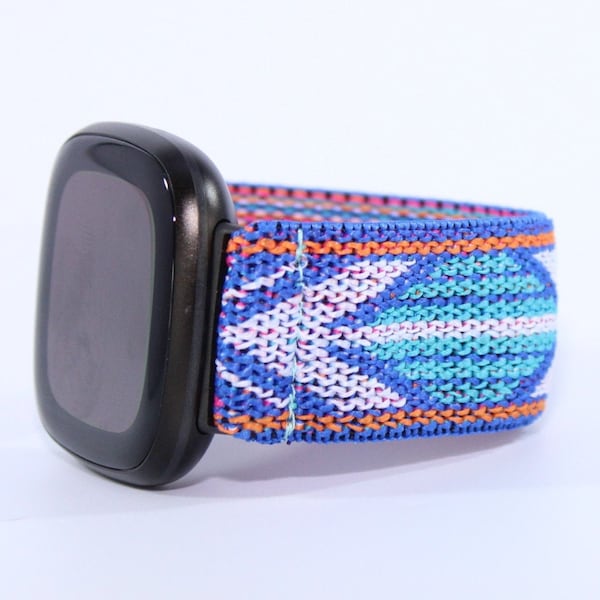 Elastic Fitbit Sense 1, Versa 3 Watch Band - Fits Fitbit Sense and Versa 3 - Blue Chevron Pink Orange White Boho Chic