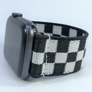 Elastic Watch Band for Apple Watch - All Series (Models 1 - 8, SE, Ultra) - Black White Checkers Ska Punk Rock Emo Patterned