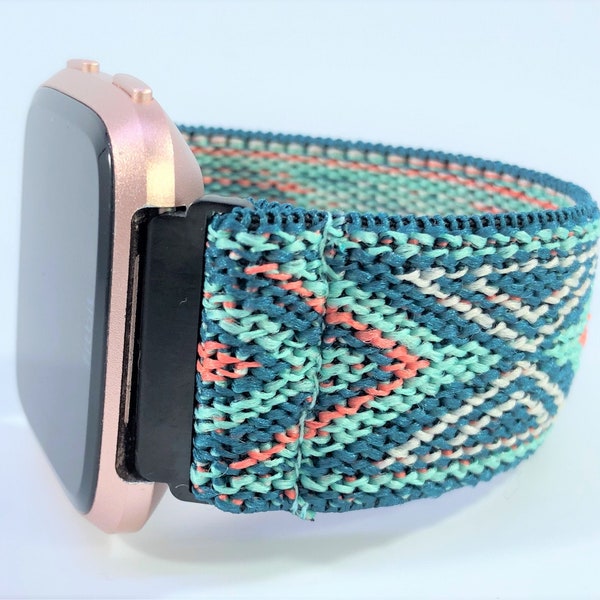 Correa elástica para reloj Fitbit Versa - Versa 1, 2, Lite - Ajuste personalizado - Teal Tribal Chevron Boho Chic