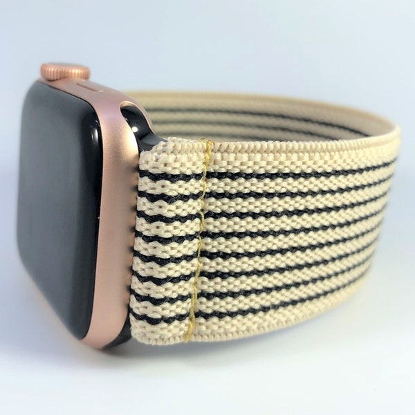 Elastic Watch Band for Apple Watch - All Series (Models 1 - 8, SE, Ultra) Brown Black Stripes Casual Dressy Gold