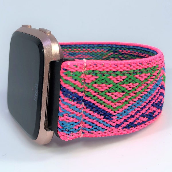 Elastic Fitbit Versa Watch Band - Versa 1, 2, Lite - Pink Blue Green Chevron Boho Chic