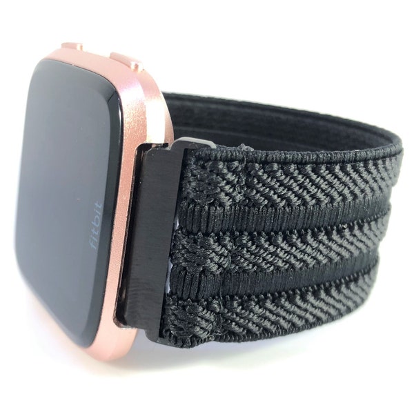 Elastic Fitbit Versa Watch Band - Versa 1 / 2 / Lite - Black Textured Elegant Formal Dressy Casual
