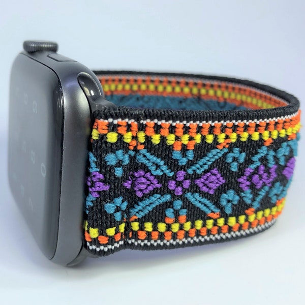 Elastisches Uhrenarmband für Apple Watch - Alle Serien (Modelle 1 - 8, SE, Ultra) Gelb Lila Tribal