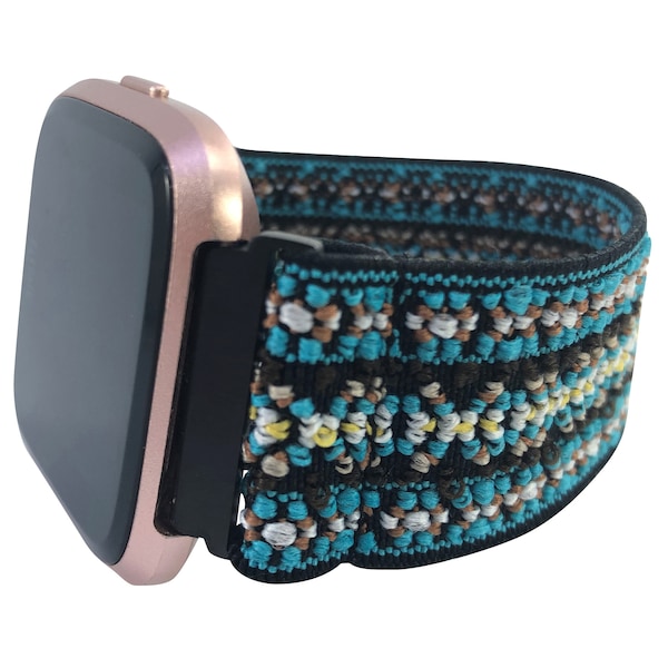 Elastic Watch Band for Fitbit Versa - All Models 1, 2 and Lite - Custom Fit - Blue Tribal Boho