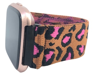 Elastisches Fitbit Versa Uhrenarmband - Custom Fit - Braun Pink Leopard - Versa 1, 2, Lite