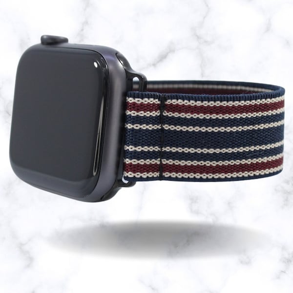 Elastic Watch Band for Apple Watch - All Series (Models 1 - 8, SE, Ultra) Thin Navy Maroon Cream Striped | Handmade Stretchy Comfy Strap