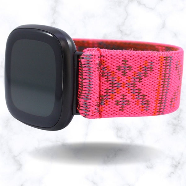 Elastic Fitbit Sense 1, Versa 3 Watch Band | Fits Fitbit Sense and Versa 3 | Hot Pink Red Tribal Aztec | Handmade in USA | Comfy Stretchy