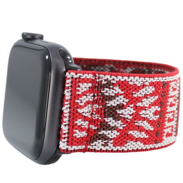 Elastic Watch Band for Apple Watch - All Series (Models 1 - 8, SE, Ultra) - Red Brown White Boho Tribal Aztec Strap