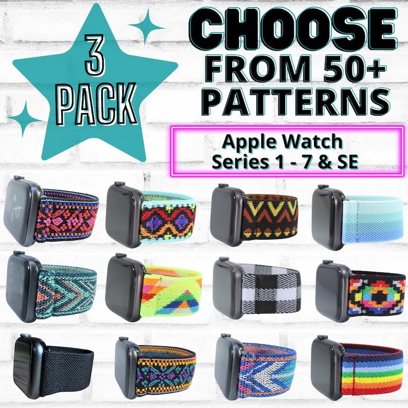 3 Pack - Elastic Watch Bands for Apple Watch | All Series (1 - 7 & SE) | 38mm 40mm 41mm 42mm 44mm 45mm | Choose your patterns 50+ Colors 