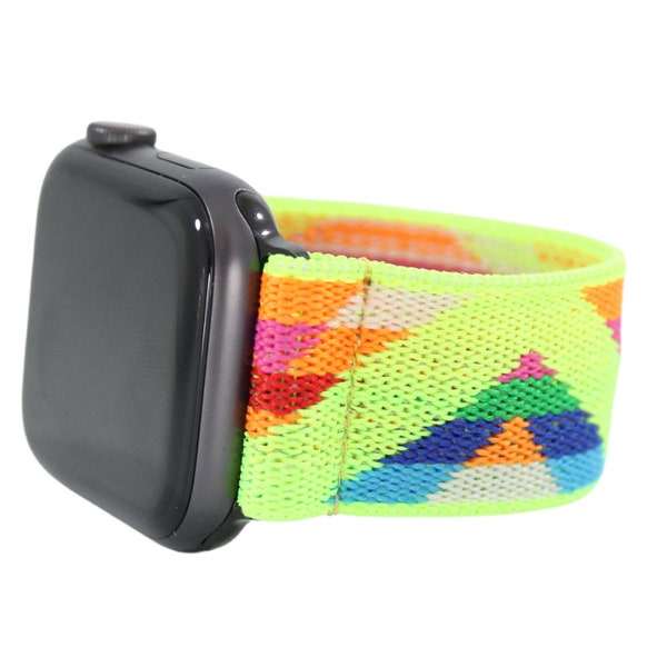 Elastic Watch Band for Apple Watch - All Series (Models 1 - 8, SE, Ultra) - Neon Yellow Tribal Aztec Blue Green