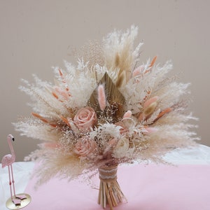 Bohemian pink dry flower bouquet, Pampas bride bouquet, palm leaf wedding bouquet, boutonniere, corsage wedding decoration
