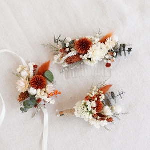 Orange Echinops eucalyptus leaves baby breathing wedding hair comb, corsage, boutonniere&hair clip