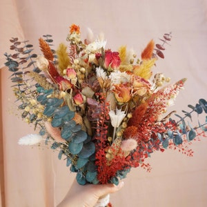 Eucalyptus and wildflower bride bouquet, rural wedding theme, Bohemian bride bouquet, rust color, Terracotta+olive bouquet