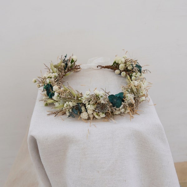 Baby breathing eucalyptus leaf wedding crown, natural blue thistle oat dried flower crown, photo girl crown