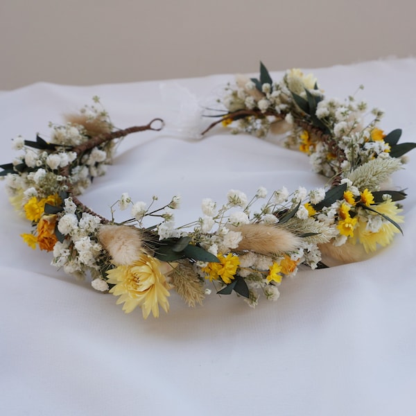 Yellow Theme Bridal Crown Baby Breathing Dry Flower Crown Boho flower crown Wedding flower crown