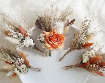 Mini bouquets de fleurs séchées / Orange brûlée / Terre cuite | Décoration petite bouteille | Décorations de table | Cadeaux boîte aux lettres | Bouquet de la pampa