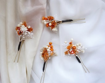 Horquillas de terracota para boda con flores secas, horquillas de novia con velo de novia, accesorios para el cabello de novia, horquillas de flores secas