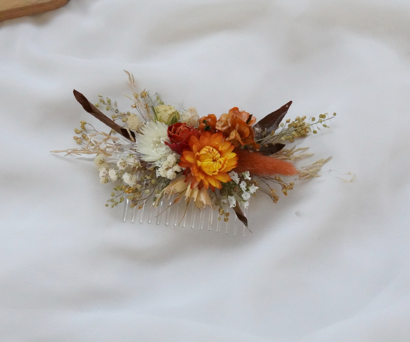 Burn Orange Themed Dry Flower Comb, Bride's Comb, Bohemian Baby ...