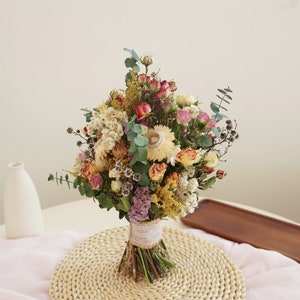 Natural Rose Dried Flower Bouquet, Bohemian Wedding Mixed Dried Flower Bride Bouquet, Eucalyptus Leaf Dried Rose Bride