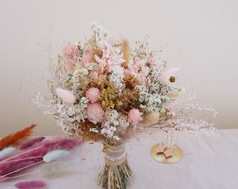 Pink dry flower bridal bouquet, Bohemian wedding bouquet, spring grass wedding decoration, boutonniere&corsage