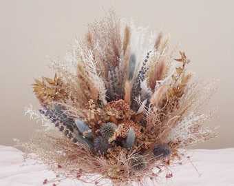 Pampas grass bouquet, powder blusher+grey+blue wildflower bride bouquet, blue thistle bridesmaid bouquet, country wedding bouquet