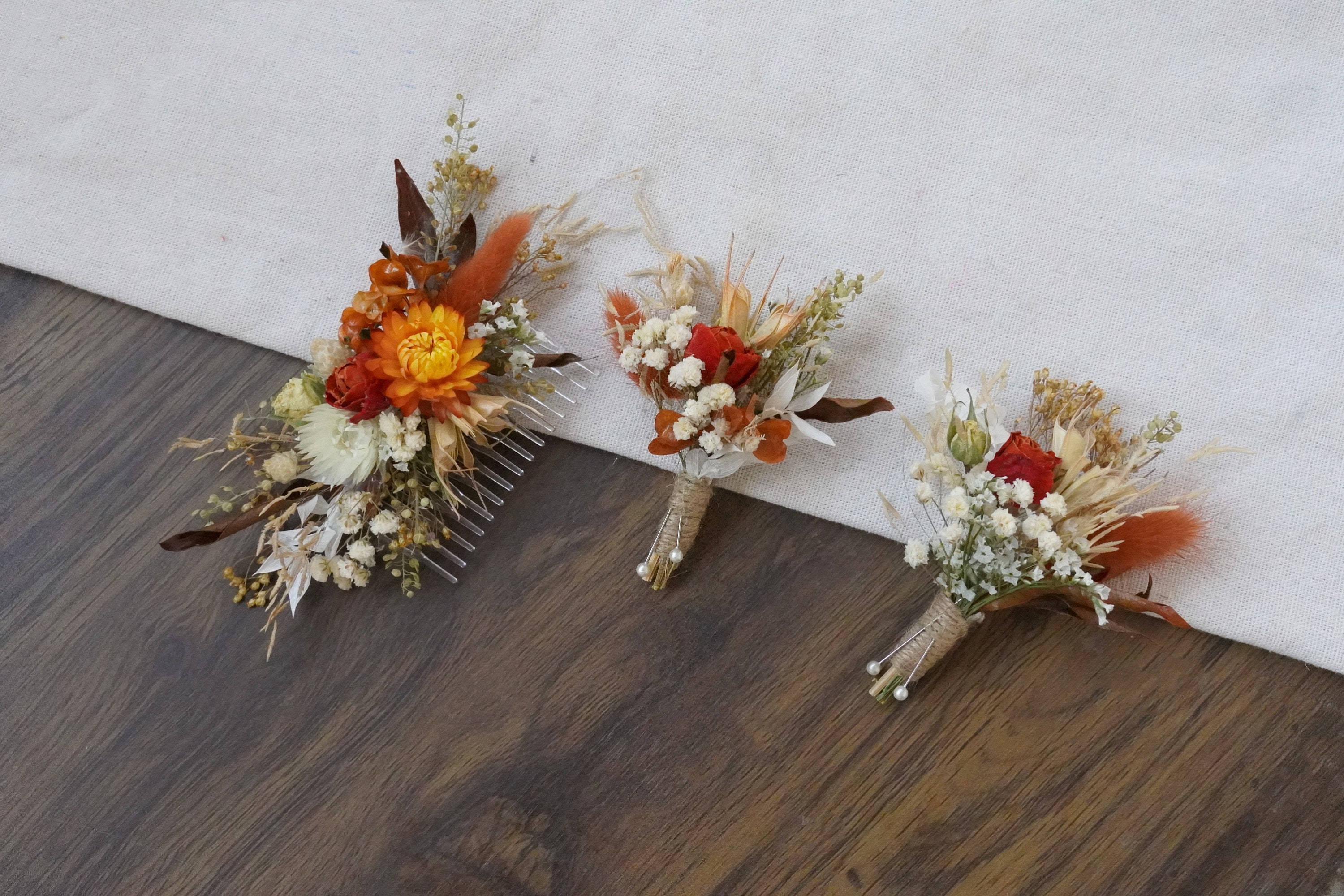 Burn Orange Themed Dry Flower Comb, Bride's Comb, Bohemian Baby ...