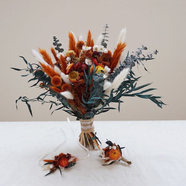 Burnt Orange+cream wedding flowers，Boho burnt orange dried flower bouquet, Rust orange+ Rustic Dried flower Wedding bouquet