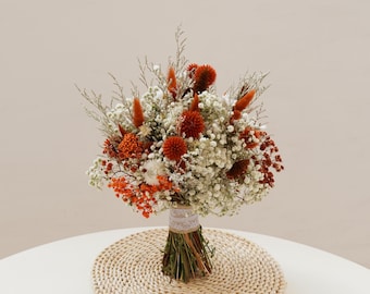 Autumn Wedding boutonniere&Bridal Bouquet,Burnt Orange Theme Dry Flowers Wedding Bouquet, Orange Yellow Flowers Groom Bohemian Bouquet