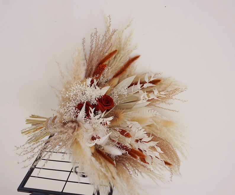 Terracotta and Burnt orange, ivory bouquet, Pampas Grass Bridal Bouquet, boho bouquet, fall bouquet image 4