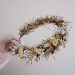 Dried Flower Crown Halo Wreath  Dried Rose Cream & Neutral  Bridal - Wedding Flower Girl  Boho  Preserved