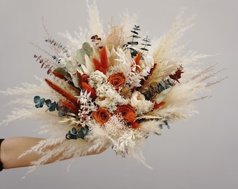 Bohemian wedding bouquet~eucalyptus~rust~white~neutral~Keepsake bride Pampas grass