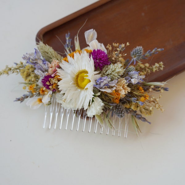 Peigne de mariée mixte fleurs sèches lavande chardon naturel, accessoires pour cheveux de mariage bohème, peigne fille fleur sauvage mixte