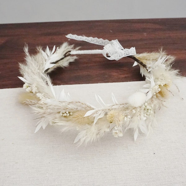 Pampas bridal crown/Gypsy wreath/white theme dry flower crown/bridesmaid headband/girl crown, engagement crown
